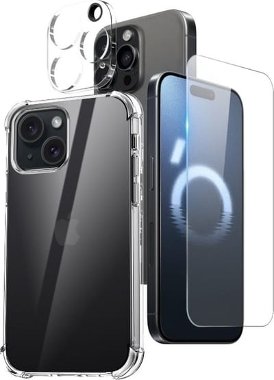 Anti -Shock Silicone hoesje transparant met Screenprotector Glas 2x en Camera lens protector 2x Geschikt voor: iPhone 15 Plus