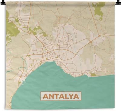 Wandkleed - Wanddoek - Kaart - Antalya - Stadskaart - Plattegrond - Vintage - 180x180 cm - Wandtapijt
