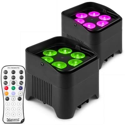 BeamZ uplighter - Set van 2 BeamZ BBP96S uplights met ingebouwde accu, 6x 12W LED's en draadloze DMX