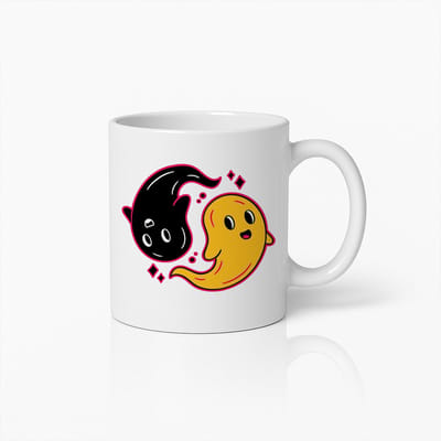 Schattige Yin Yang Geesten Mok – Wit 330 ml – Leuke Zwart & Geel Geest Illustratie Koffiemok