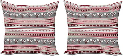 ABAKUHAUS Decoratieve kussenhoezen met bloemenprint, set van 2, lentebloemenstrep 45x45 cm, grijs, roze, bordeauxrood