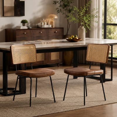 Eetkamerstoelen Set Van 2 - Eetkamerstoel - Eetkamerstoelen - Gewatteerde zitting - Massief houten frame - PU - Metalen stoelpoten - Modern Design - Bruin
