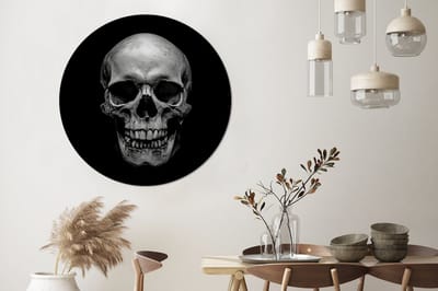 WallCircle - Wandcirkel - Muurcirkel - Schedel - Zwart - Doodshoofd - Wit - Aluminium - Dibond - 140x140 cm - Binnen en Buiten