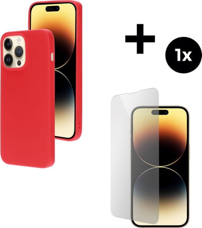 Mobiparts Silicone Cover hoesje geschikt voor Apple iPhone 14 Pro Max met 1 Screenprotector van Gehard Glas - Rood
