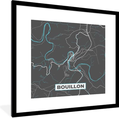 Fotolijst incl. Poster - Plattegrond – Bouillon – Blauw – Stadskaart - Kaart - België - 40x40 cm - Posterlijst