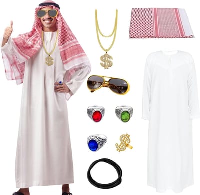 Arabisch Kostuum voor Mannen met Hoofddoek, Robe, Ring en Zonnebril - Perfect voor Carnaval en Cosplay Feesten