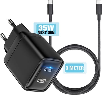 Telefoon Oplader met 2 usb-C Poorten + Nylon usb C naar usb-C Kabel - Snellader - 3 Meter Lange Oplaadkabel