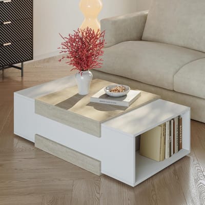 Moderne Rechthoekige Salontafel met Open Opbergvakken 110x57 cm Wit en Travertin