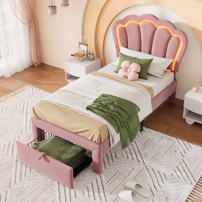 Gutent Eenpersoons Kinderbed, Roze (Zonder matras), 90 x 190 cm, met laden, LED-verlichting, Lattenbodem, verstelbaar hoofdeinde, Junior bed velours