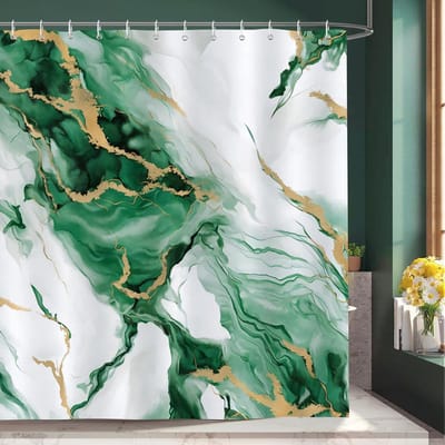 Famanu – Douchegordijn marmer groen/goud 180 x 180 cm – luxe polyester, waterdicht + 12 haken