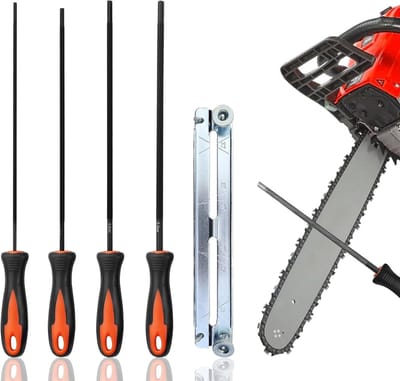 kettingzaagvijlset, 4-delige ronde vijlset 3,2/4,0/4,8/5,5 mm met handvat en geleider, ronde vijl 4mm voor kettingzagen, professionele metalen vijlen voor doe-het-zelf