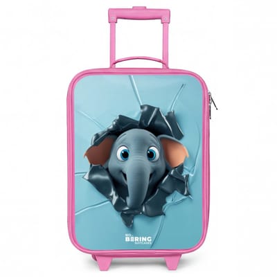 NoBoringSuitcases.com® - Kinderkoffer roze - Kindertrolley meisje - Vrolijke olifant kijkt door gescheurde achtergrond - Koffer kind lichtgewicht - Reiskoffer trolley voor kinderen - Koffertje met lichtgevende wieltjes - Rolkoffer