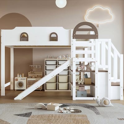 Gotagee hoogslaper 90x200cm, kinderbed met raam, met kinderglijbaan, trap met leuning, met 2 opbergvakken in de trap, veel opbergruimte, grenen+MDF, wit+bruin