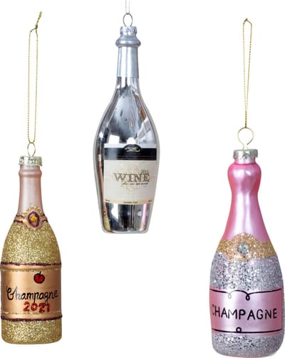 IKO kersthangers/kerstornamenten -drank - 3x- glas - champagne en wijn