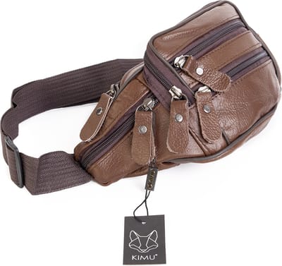 KIMU® Heuptasje Echt Leer Vakjes Donkerbruin - Fanny Pack Donker Bruin - Leren Heuptas Tas Tasje Dames Festival