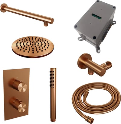 Brauer Copper Carving thermostatische inbouw regendouche 3-weg omstelling SET 25 met 20 cm douchekop en rechte muurarm en staaf handdouche en doucheslang en wandaansluitbocht koper geborsteld PVD