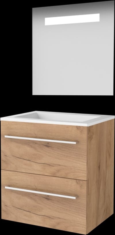 Basic-Line Economic 46 Badkamermeubelset - 60 x 46 cm - Met Grepen - 2 Lades - Acryl Wastafel - Zonder Kraangat - Spiegel met LED Verlichting - Whisky Oak