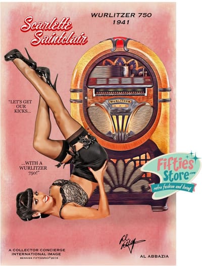 Wurlitzer 750 Jukebox Pin-Up Scarlette Saintclair Zwaar Metalen Bord 92 x 61 cm