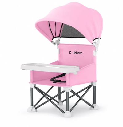 Opvouwbare Kinderstoel Baby met Zonneluifel en Dienblad – Draagbare Strandstoel voor Baby en Peuter – Campingstoel met Veiligheidsgordel voor Strand, Picknick, Tuin en Vakantie – Roze