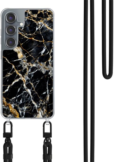 Hoesje met koord geschikt voor Samsung Galaxy S25 - Black marble elegance - Inclusief Zwart koord - Crossbody beschermhoes - Transparant, Zwart, Goud - Mooie Telefoonhoesjes