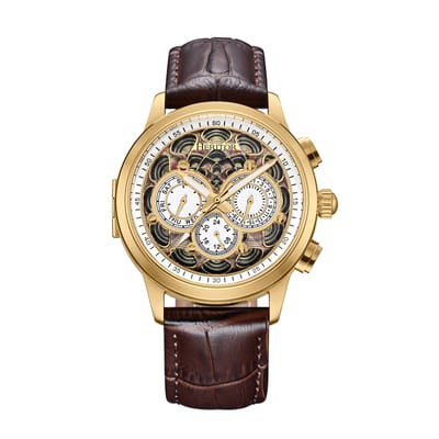 Heritor Automatic Apostle horloge met leren band en dag-/datumfunctie - goud/bruin