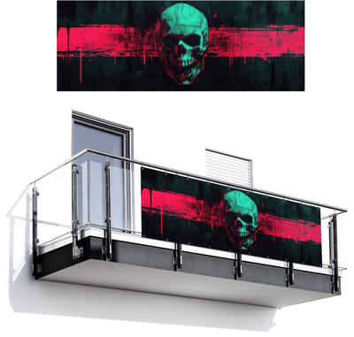 Balkonscherm 300x110 cm - Balkonposter Schedel - Cyberpunk - Neon Rood - Balkon scherm decoratie - Balkonschermen - Balkondoek zonnescherm