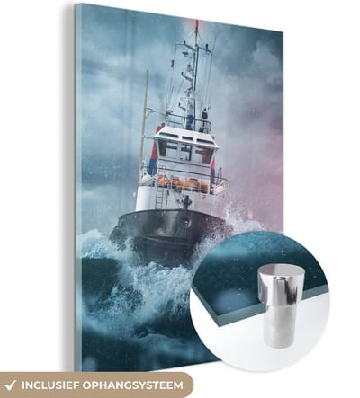 MuchoWow® Glasschilderij 60x80 cm - Schilderij acrylglas - Zee - Boot - Storm - Vuurtoren - Foto op glas - Muurdecoratie woonkamer - Wanddecoratie slaapkamer - Schilderijen