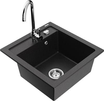 Mexen Vito granieten gootsteen 1-komor met keukenkraan Telma, zwart/zilver metallic - 6503-73-670200-00