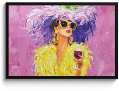 Poster in lijst - Fotolijst 90x60 cm - Posters - Zonnebril - Vrouw - Jas - Veren - Posterlijst zwart - Decoratie - Wanddecoratie woonkamer - Muurdecoratie slaapkamer