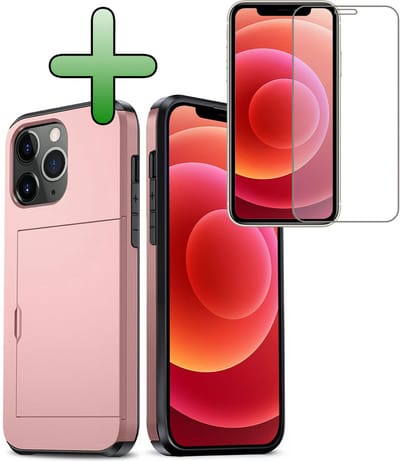 Hoes Geschikt voor iPhone 11 Pro Hoesje Hard Case Met Pas Houder Met Screenprotector - Hoesje Geschikt voor iPhone 11 Pro Hoes Shockproof Hard Cover Met Kaarthouder - Rosé goud