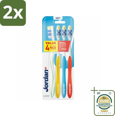 Jordan Tandenborstel Total Clean Soft 4-pack 4 stuks per verpakking - Voordeelverpakking - 2 stuks - Mondverzorging - Tandenborstel set