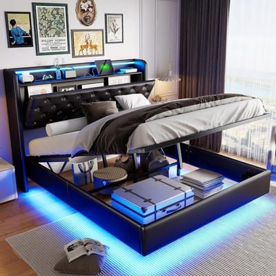 Tweepersoonsbed met Opbergruimte onder het Matras en Nachtkastje met LED en Laadstation