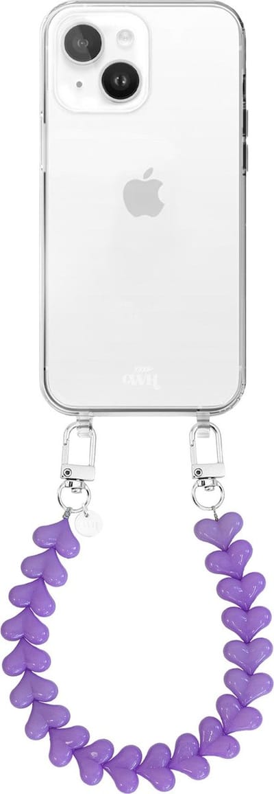 xoxo Wildhearts siliconen hoesje - Geschikt voor iPhone 15 Plus hoesje - Funky Hearts - Telefoonhoesje - Hoesje met koord - Paars koord - kort telefoonkoord - Hartjes ketting - Transparant hoesje
