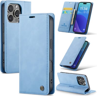 Casemania Hoesje Geschikt voor Apple iPhone 16 Pro - Sky Blue - Dunne Portemonnee Book Case - Slim Wallet Case met Pasjeshouder