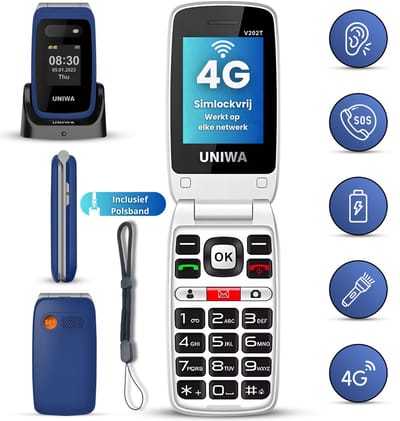 Uniwa V202T Senioren Telefoon 4G - Klaptelefoon - SOS Noodknop - Met Polsband - GSM Dumbphone - Blauw