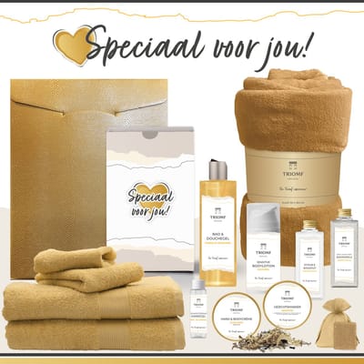 Geschenkset “Speciaal voor jou!” - 13 producten - 1980 gram | Cadeau voor haar - Cadeaupakket Wellness Fleece deken Douchegel Luxe Giftset Pakket Vrouw Verjaardag Vriendin Gefeliciteerd Moeder Moederdag Kerstpakket Kerst Cadeau Gift Set Okergeel Goud