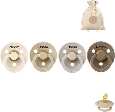 BIBS fopspenen anatomisch met naam - maat 1 (0-6 maanden) - ivory, vanilla, sand en dark oak + BolleToet zakje