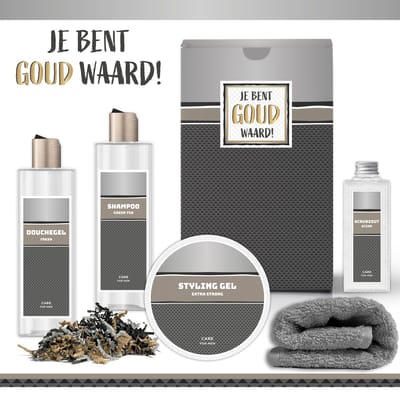 Geschenkset "Je Bent Goud Waard!" - 5 Producten - 900 Gram | Giftset voor hem Luxe Wellness Cadeaubox man Douchegel Bodylotion Styling Gel Scrubzout Vaderdag Verjaardag Vader Cadeau Pakket Kerst Vriend Collega Werknemer Kerstpakket Antraciet