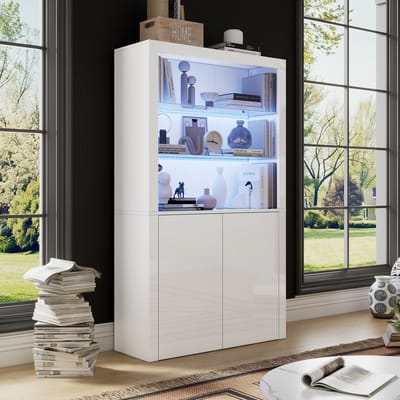 MODENUIT Vitrinekast - LED-Verlichting En Opbergruimte - Voor Woonkamer - MDF En Glas - 100x35x170 Cm - Wit