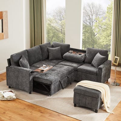 L-Bank, 4-Zits Bank, Hoekbank van chenille met Slaapfunctie, Uittrekbare Bank met Voetenbank, Leeslamp, USB Type-C, Voorzien van een Verborgen tafel, Uitklapbare Salontafel met Twee Bekerhouders, Grijs, 205×205×85 cm