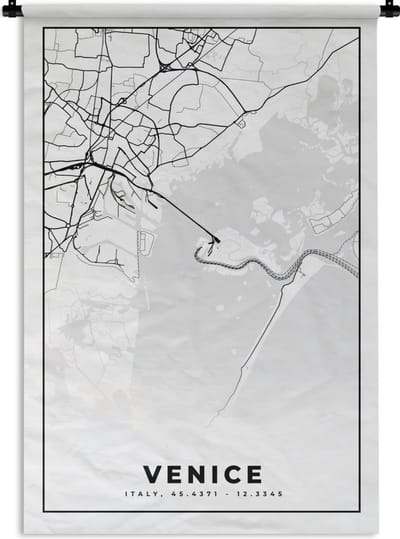 Wandkleed - Wanddoek - Venetië - Plattegrond- Stadskaart - Zwart Wit - Kaart - 120x180 cm - Wandtapijt