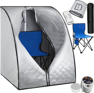 tectake® Mobiele Sauna ThermaLuxe II - Draagbare Stoomsauna - Stoomcabine met 15 Temperatuurstanden en Timerfunctie - Inclusief Afstandsbediening, Mat, Stoel en Draagtas - Met Stoomverdeler voor Olieën en Geuren