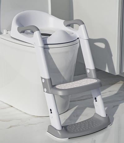 Hoogte verstelbare en opvouwbare toiletverkleiner voor kinderen met trede en kussen - Antislip toiletverhoger in wit grijs