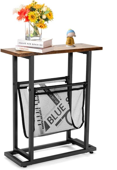 COSTWAY Smal, kleine bijzettafel met tijdschriftenhouder en stalen frame, industrieel nachtkastje, koffietafel, theetafel, voor woonkamer, slaapkamer, kantoor, vintage bruin + zwart