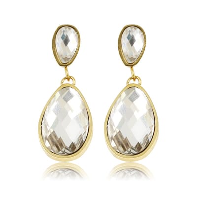 My Bendel - Stijlvolle Goudkleurige Oorring met Witte Glassteen 30 Mm - Elegante Goudkleurige Oorbellen met Witte Kristaldruppel - met Luxe Cadeauverpakking | Sieraden Voor Dames