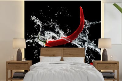Behang - Fotobehang Chilipeper - Stilleven - Water - Zwart - Rood - Breedte 240 cm x hoogte 240 cm