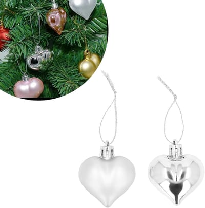 Glanzende en matte hartvormige kerstballen voor kerstboomdecoraties - 12 stuks, 4,5 cm, zilver, ideale kerstversiering, hangende boomhangers, feestelijke decoratie
