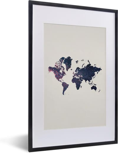 Poster in lijst - Fotolijst 40x60 cm - Posters - Wereldkaart - Glitter - Blauw - Roze - Posterlijst zwart - Decoratie - Wanddecoratie woonkamer - Muurdecoratie slaapkamer