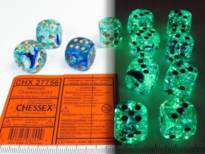 Chessex Nevel oceaan/goud Luminary D6 16mm Dobbelsteen Set (12 stuks)