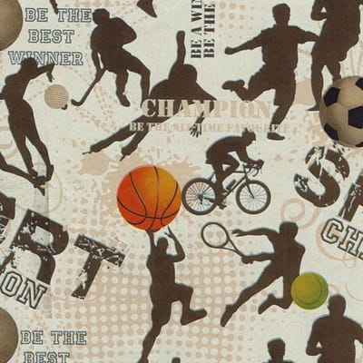 Grijze Kraft Kadopapier met Sportafbeeldingen – 70 cm × 200 m – 70 g/m